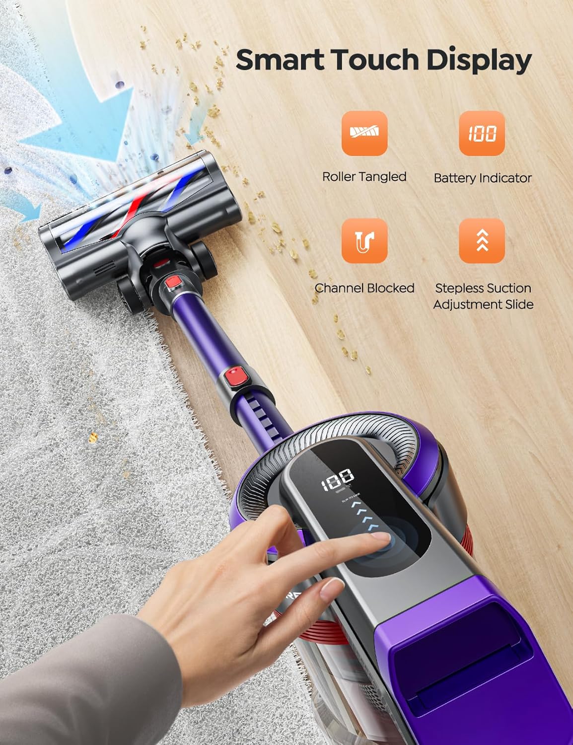 Cordless Vacuum Cleaner, 450W 45Kpa Vacuum Cleaners for Home with 5 Suction Modes, Vacuum Cleaner with Max 60Mins, Stick Vacuum Cordless for Hardwood Floor Carpet Pet Hair