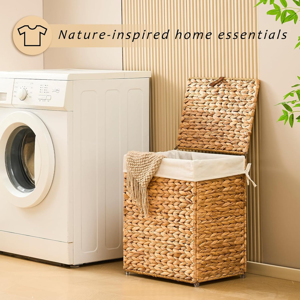 Handwoven Laundry Basket with Lid, Natural Water Hyacinth Storage Basket with Handle, Removable Cotton Liner, Durable and Stylish for Bedroom, Bathroom, Laundry Room