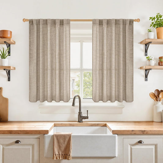 YoungsTex Dark Oatmeal Linen Curtains 40 Inch Length for Kitchen Window, Short Semi Sheer Drapes Burlap Textured Light Filtering with Rod Pocket Back Tab for Cafe Bathroom, 2 Panels, 42 X 40 Inch