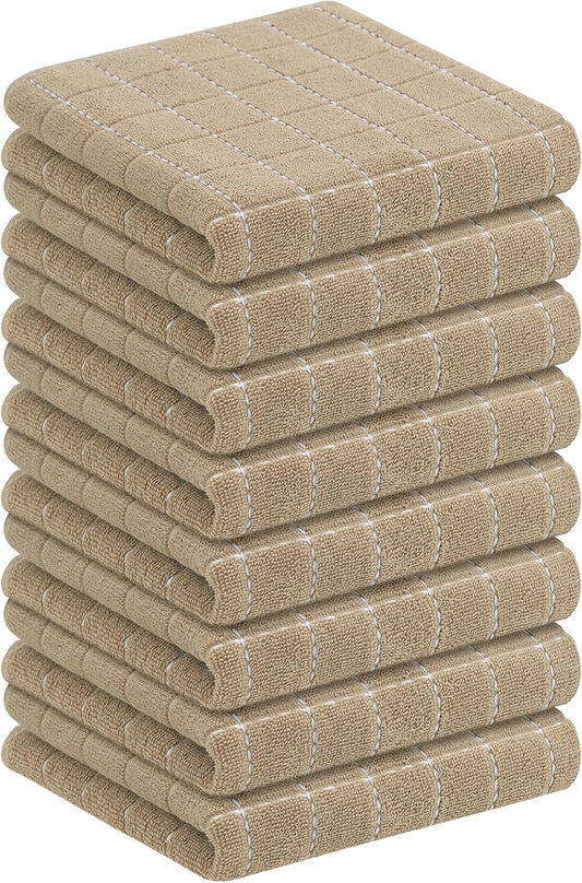 Homaxy 100% Cotton Terry Kitchen Towels(Tan, 13 x 28 inches), Checkered Designed, Soft and Super Absorbent Dish Towels, 8 Pack