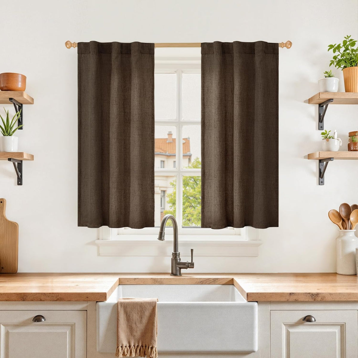 YoungsTex Brown Linen Curtains 40 Inch Length for Small Window, Chocolate Light Filtering Drapes with Rod Pocket Back Tab for Bathroom Kitchen Window, 30 x 40 Inch, 2 Panels