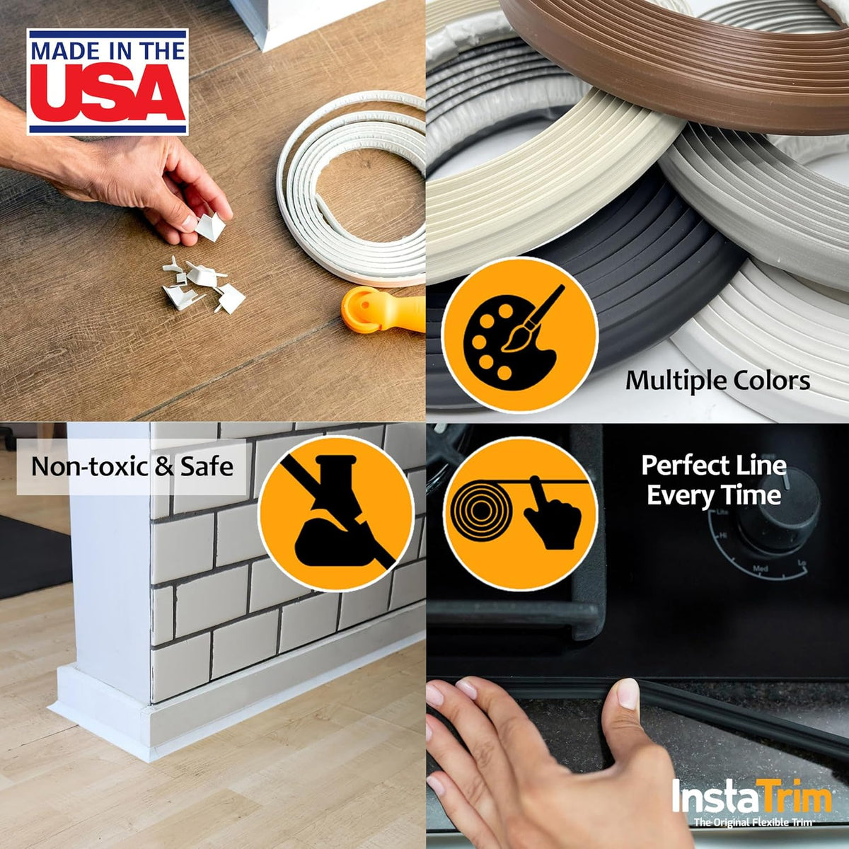 InstaTrim The Original Flexible Trim - 50ft Black 3/4" Wide Caulk Tape - Adhesive Trim with Many Uses Including Caulking for Bathtubs, Sinks, Counters, Tile, Floors - Made in USA