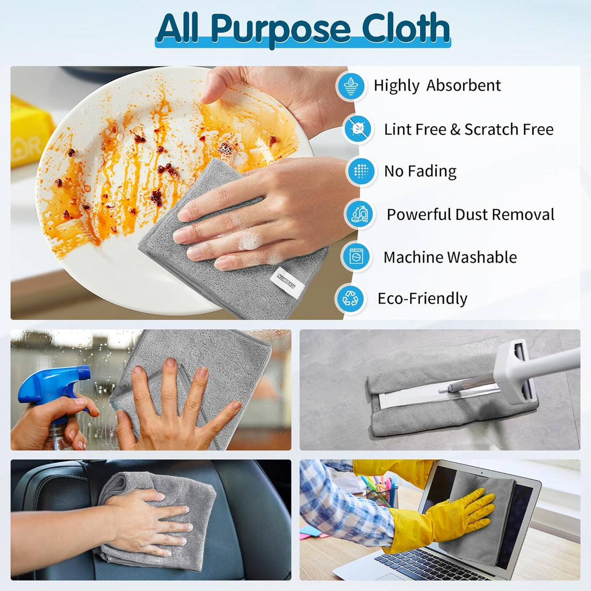 FIXSMITH Grey Microfiber Cleaning Cloth -Pack of 8, Highly Absorbent Cleaning Rags, 16"X12" All Purpose Cleaning Towels for Housekeeping, Kitchen, Car, Lint Free and Reusable Microfiber Towels