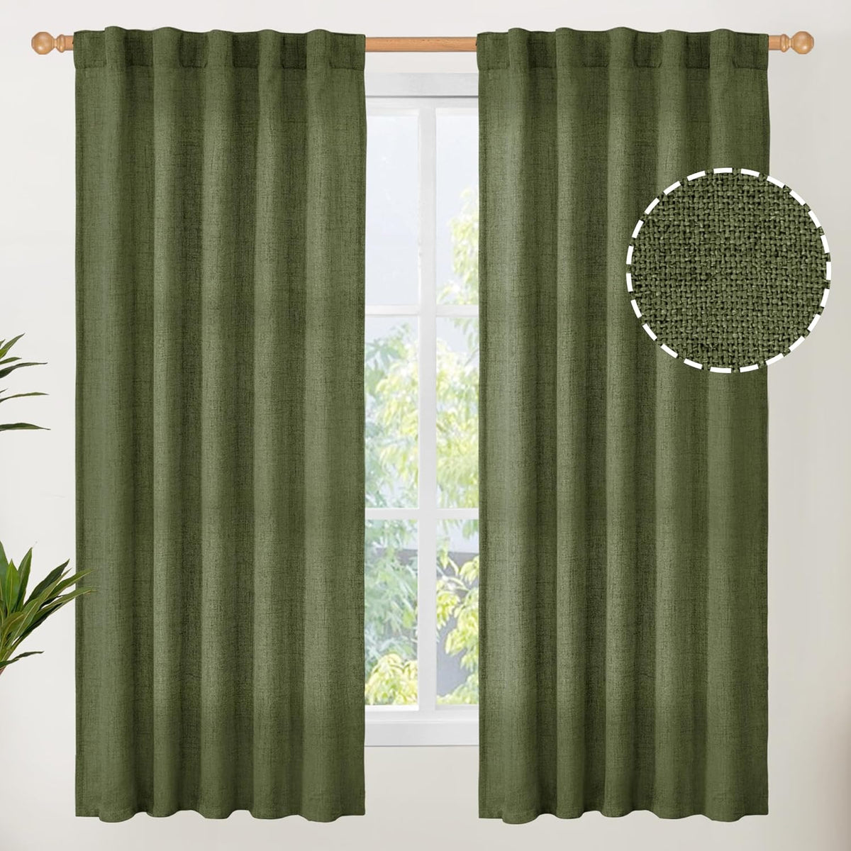 YoungsTex Olive Green Linen Curtains 63 Inch Length for Living Room, Rod Pocket Back Tab Light Filtering Drapes Semi Sheer Window Treatments for Bedroom Farmhouse, 2 Panels, 42 X 63 Inch