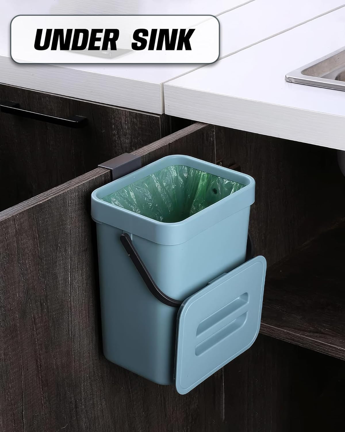 1.3 Gallon Small Trash Can with Lid - Countertop Food Waste Bin, Kitchen Hanging Trash Can for Cabinet Door/Under Sink, Small Garbage Can for Desk, 5L(Subtle Blue)