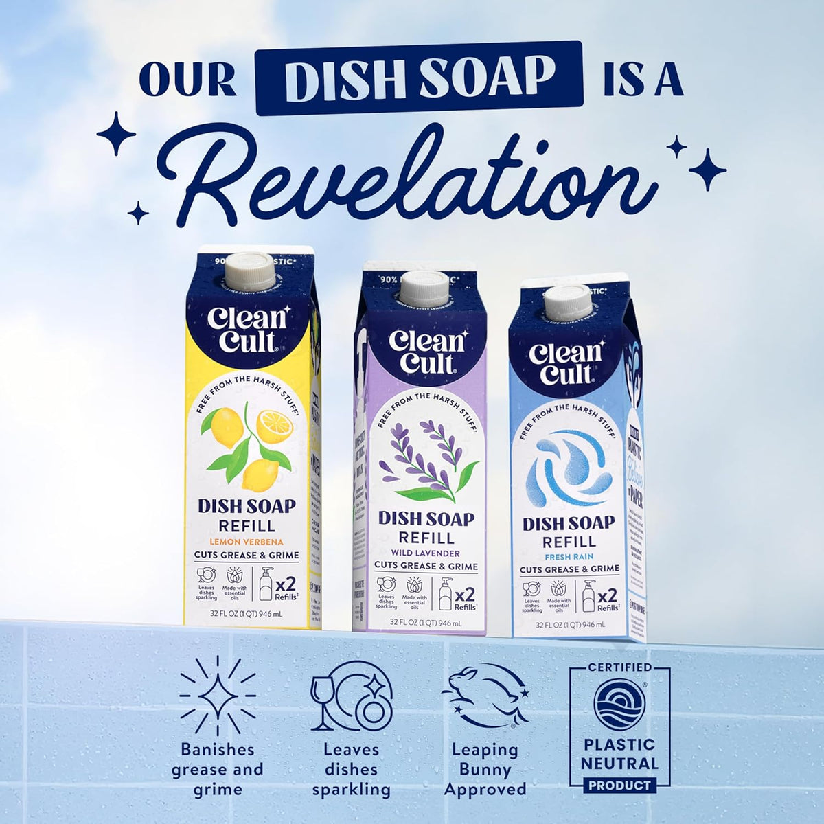 Cleancult Dish Soap Liquid Refill (32oz, 1 Pack) - Plant Based Cleaning Power - Dish Soap that Cuts Grease & Grime - Free of Harsh Chemicals - Uses 90% Less Plastic - Lemon Verbena