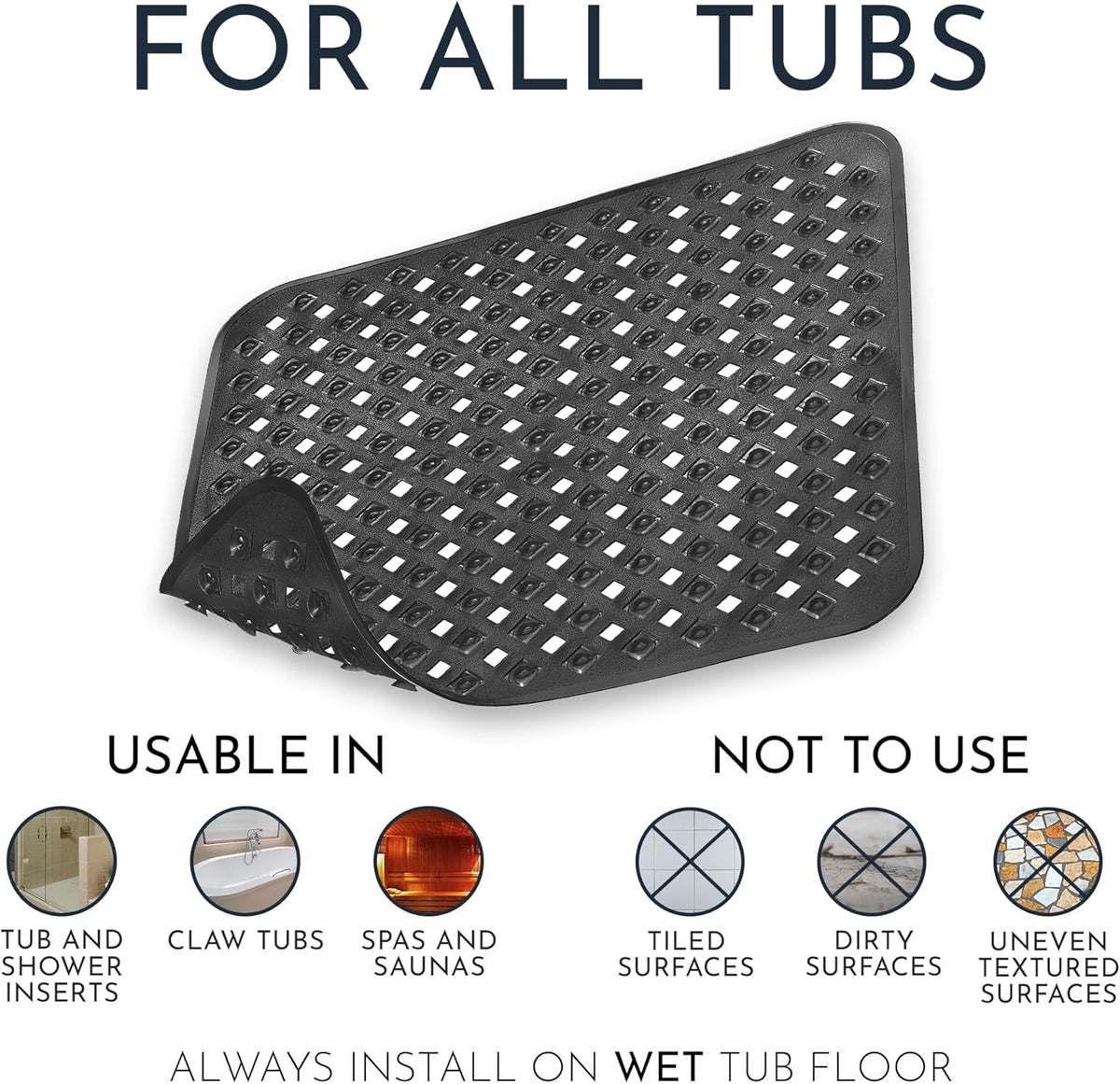 Homerella Anti Slip Shower Mat | Anti Mold Non Slip Bathtub Mat for Inside Shower | Square Floor Shower Mat 21 x 21 inch with Suction Cups for Grip & Hooks Hanging and Quick Drying | Machine Washable
