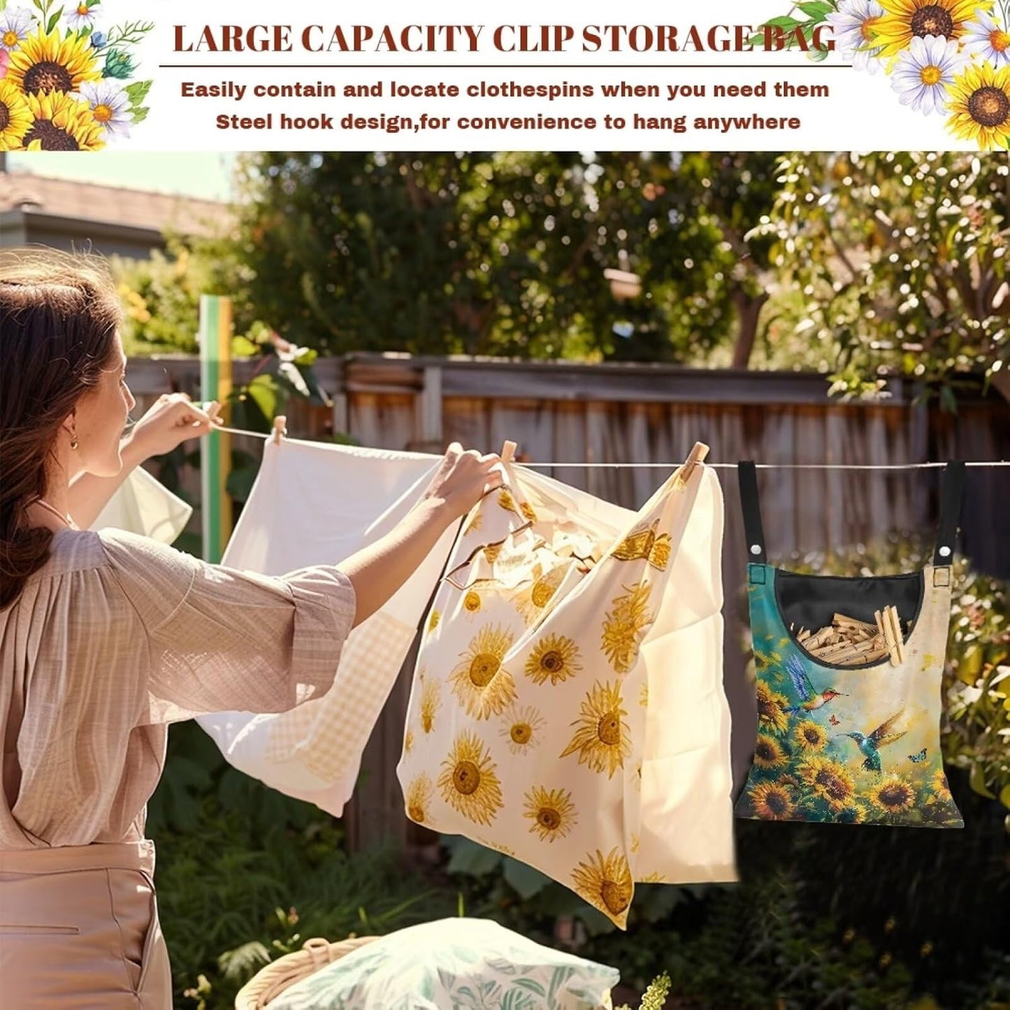 2 Pcs Clothes Pin Hanging Bag with Big Opening Storage Clothes Pins & Mini Clothespins，Hanging Laundry Bag Fits Retractable Clothes Line Outdoors（Hummingbird Sunflower）