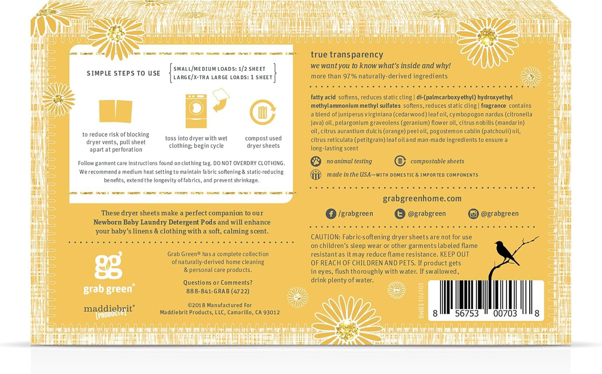 Grab Green Newborn Baby Dryer Sheets, 40 Sheets, Chamomile Scent, Plant and Mineral Based, Compostable, Softens Clothing and Linens, Reduces Static Cling