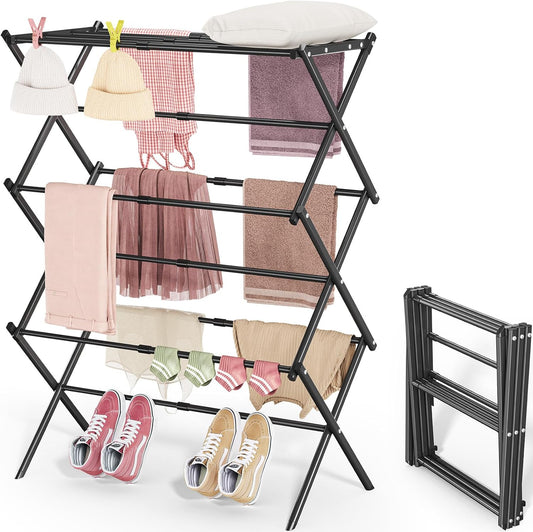 APEXCHASER Clothes Drying Rack, 3-Tier Laundry Drying Rack for Clothes, Expandable Metal Clothing Dryer, Collapsible Towel Rack, Air Drying Rack, Black
