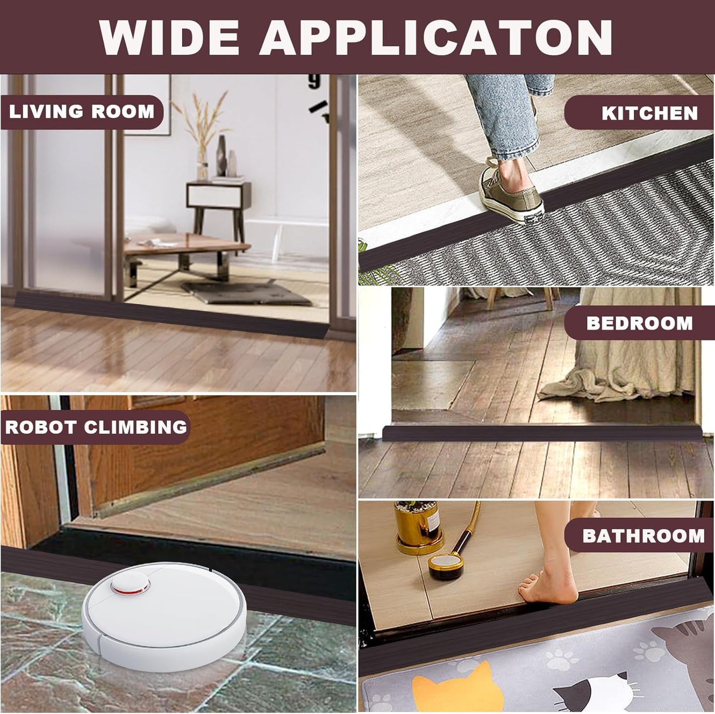 Vinyl Door Threshold Flooring Transition Strip Self Adhesive Carpet Edging Strip for Laminate Doorway Edge Threshold from 3/5" to 4/5" (Black Walnut Wood Grain, 10 Ft)