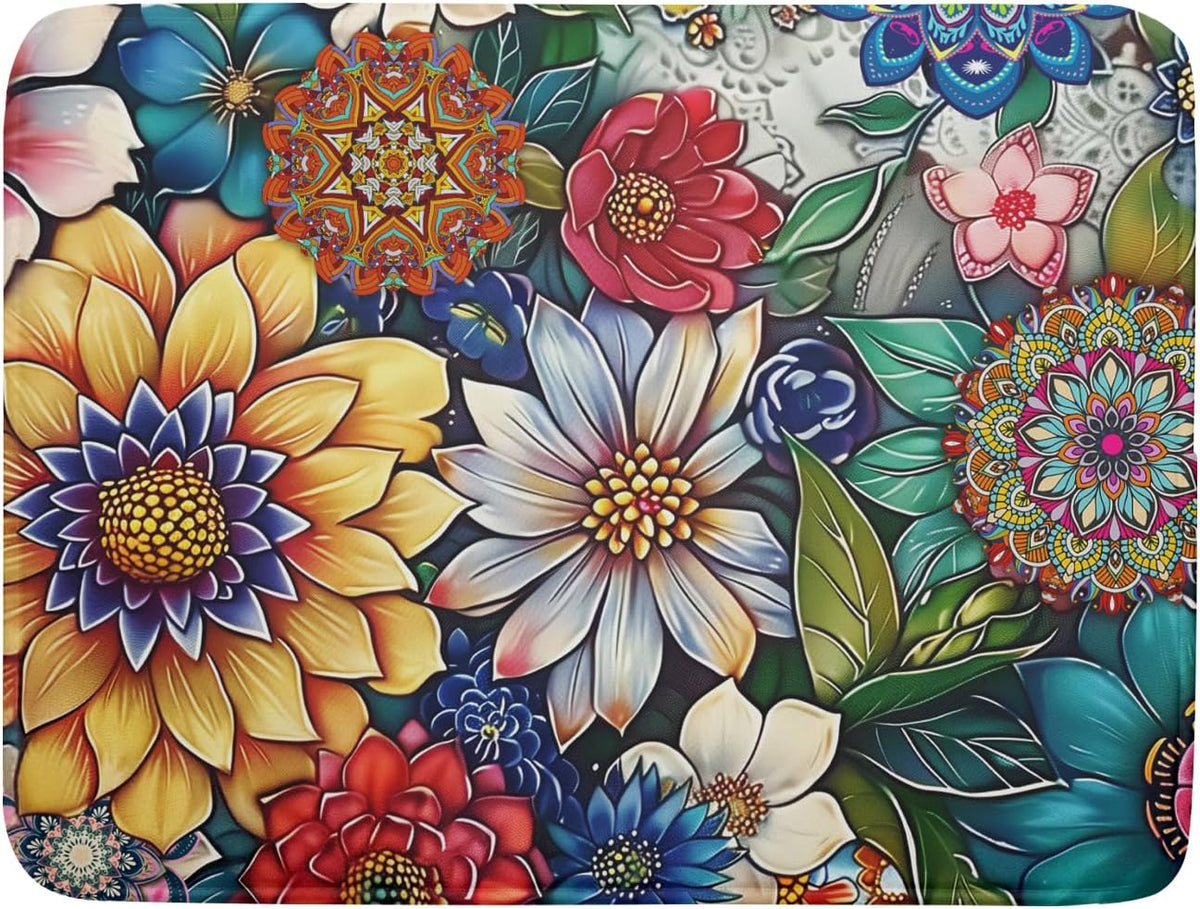 Boho Floral Dish Drying Mat for Kitchen Counter 18x24 Inch Super Absorbent Microfiber Kitchen Drying Mat Bohemian Flower Dish Drainer Rack Mat Reusable Washable Dish Drying Pad for Kitchen Coffee Bar