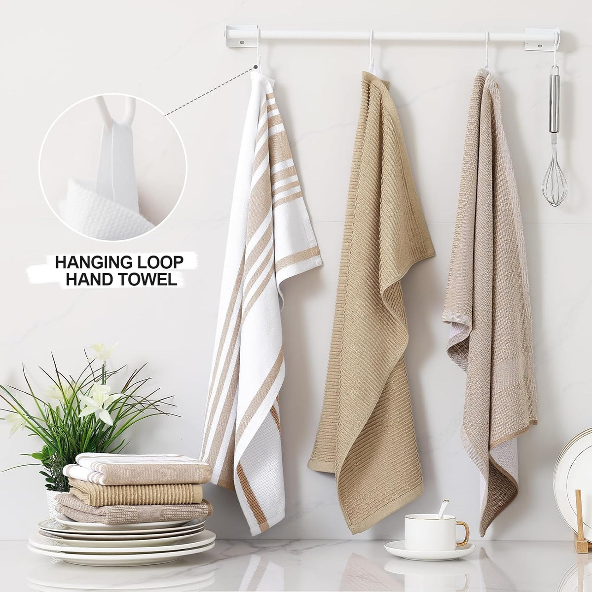 Homaxy Premium Kitchen Towels(18”x 28”, 12 Pack), Large Cotton 380 GSM Kitchen Hand Towels, Soft and Absorbent Terry Dish Towels, Multipurpose Tea Towel Set with Hanging Loop, Khaki