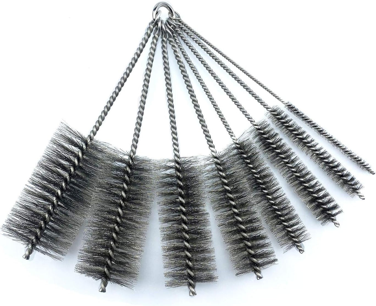 Pipe Cleaning Brush Set Stainless Steel Bristles, 8 Piece Variety Pack for Auto Parts, Bottles, Tubes, Etc.