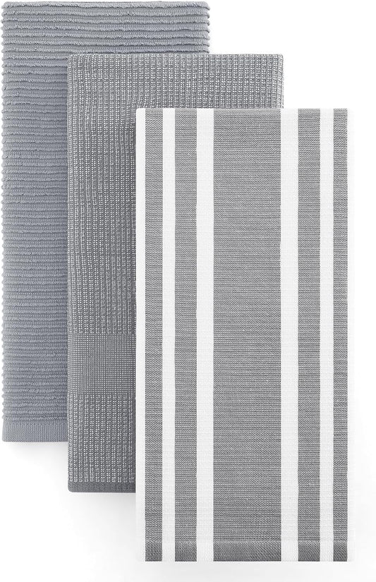 Homaxy Premium Kitchen Towels(18”x 28”, 3 Pack), Large Cotton 380 GSM Kitchen Hand Towels, Soft and Absorbent Terry Dish Towels, Multipurpose Tea Towel Set with Hanging Loop, Grey