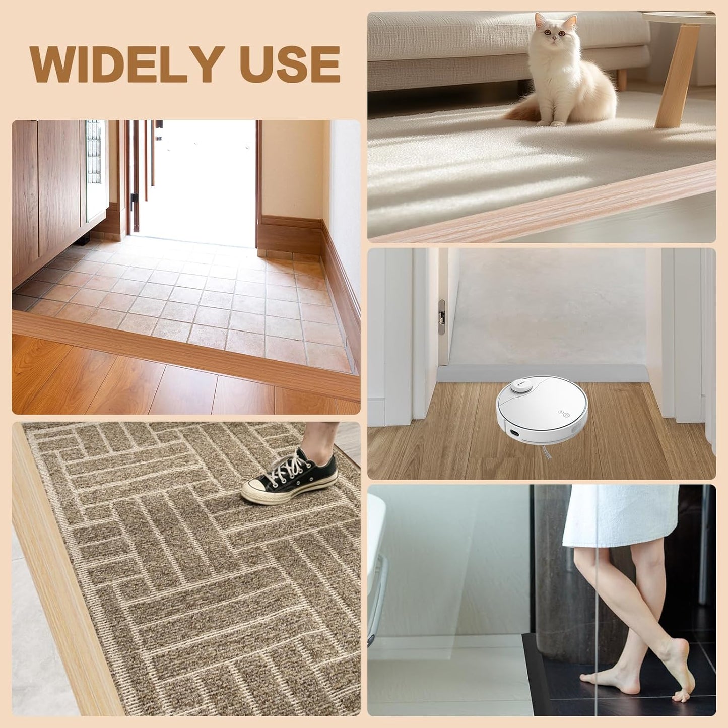 Floor Transition Strip Vinyl Door Threshold Ramp Self Adhesive Carpet Edging Strip Doorway Edge Trim, Overlap Edge Reducer for Laminate Carpet, Floor, Tile (Black, 1/5" to 2/5", 6.6Ft)