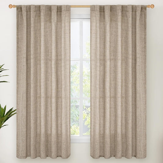 YoungsTex Dark Oatmeal Linen Curtains 63 Inch Length for Living Room, Light Filtering Semi Sheer Window Drapes Rod Pocket Back Tab Curtain for Bedroom, 2 Panels, 42 X 63 Inch