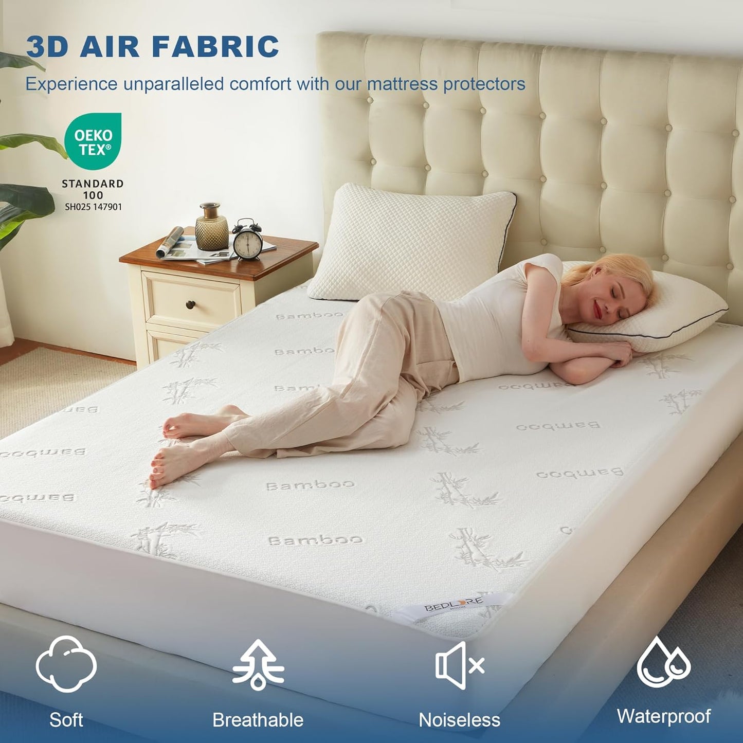 Waterproof Mattress Protector, California King Size Mattress Pad Fitted 6"-18" Deep Pocket, 3D Air Fabric Bed Mattress Cover Noiseless Washable for Bedroom, Hotel
