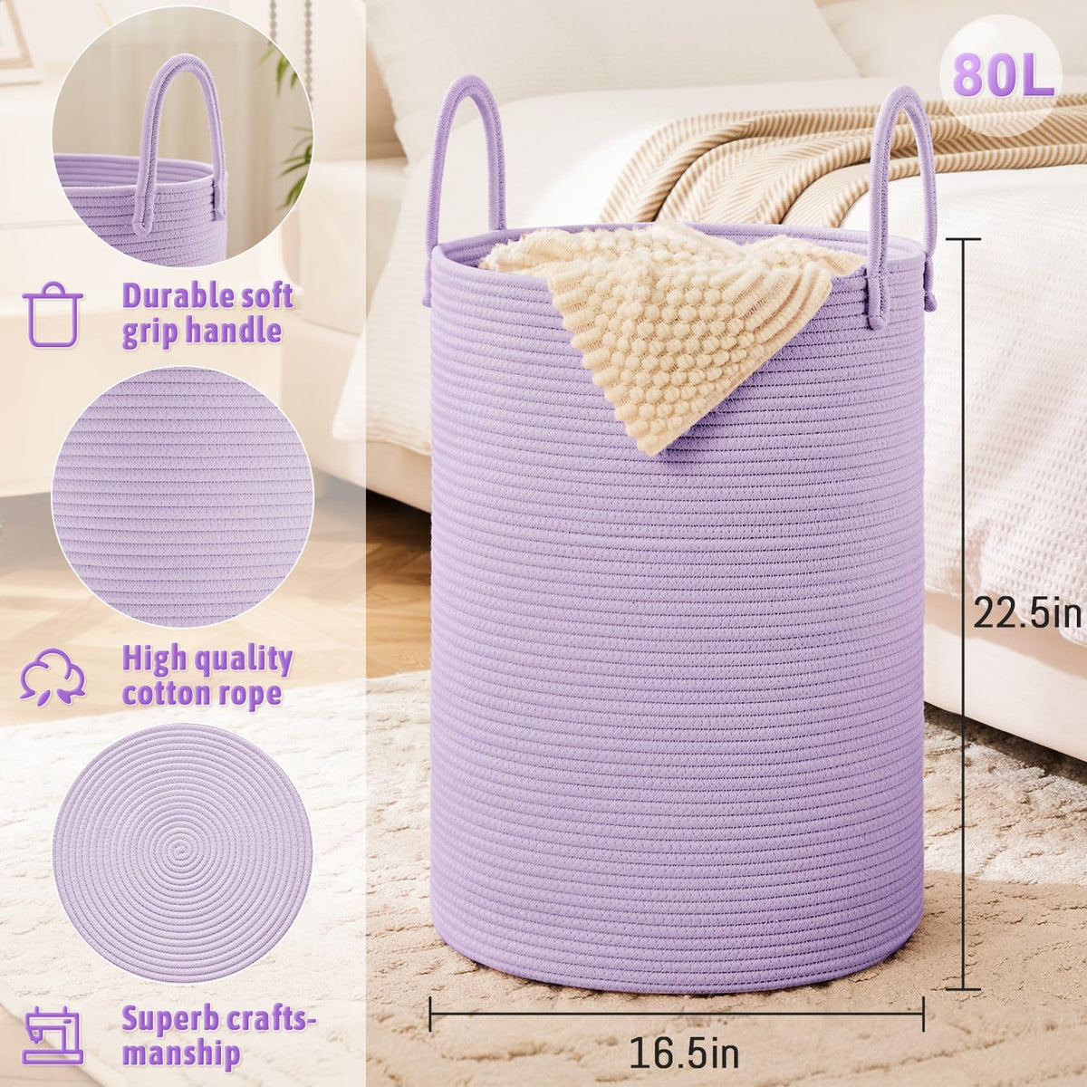 Laundry Basket,Woven Cotton Rope Laundry Hamper,80L for Decorative Storage of Dirty Clothes,Toys and Blankets in Bathroom,Baby Room and Living Room