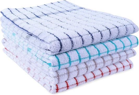 AMOUR INFINI Kitchen Towels Set of 4 - Highly Absorbent, Super Soft Terry Cotton 20x28 Inch Dish Towels with Hanging Loop - Hand & Tea Towels for Cleaning & Drying Dishes (Ass- Blue)