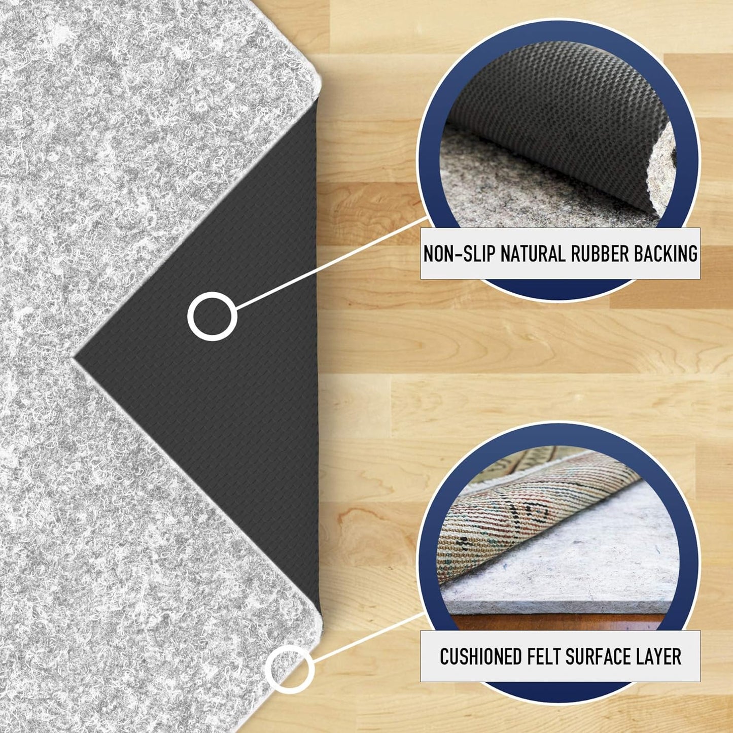 RUGPADUSA - Dual Surface - 5'x7' - 1/4" Thick - Felt + Rubber - Non-Slip Backing Rug Pad - Safe for All Floors