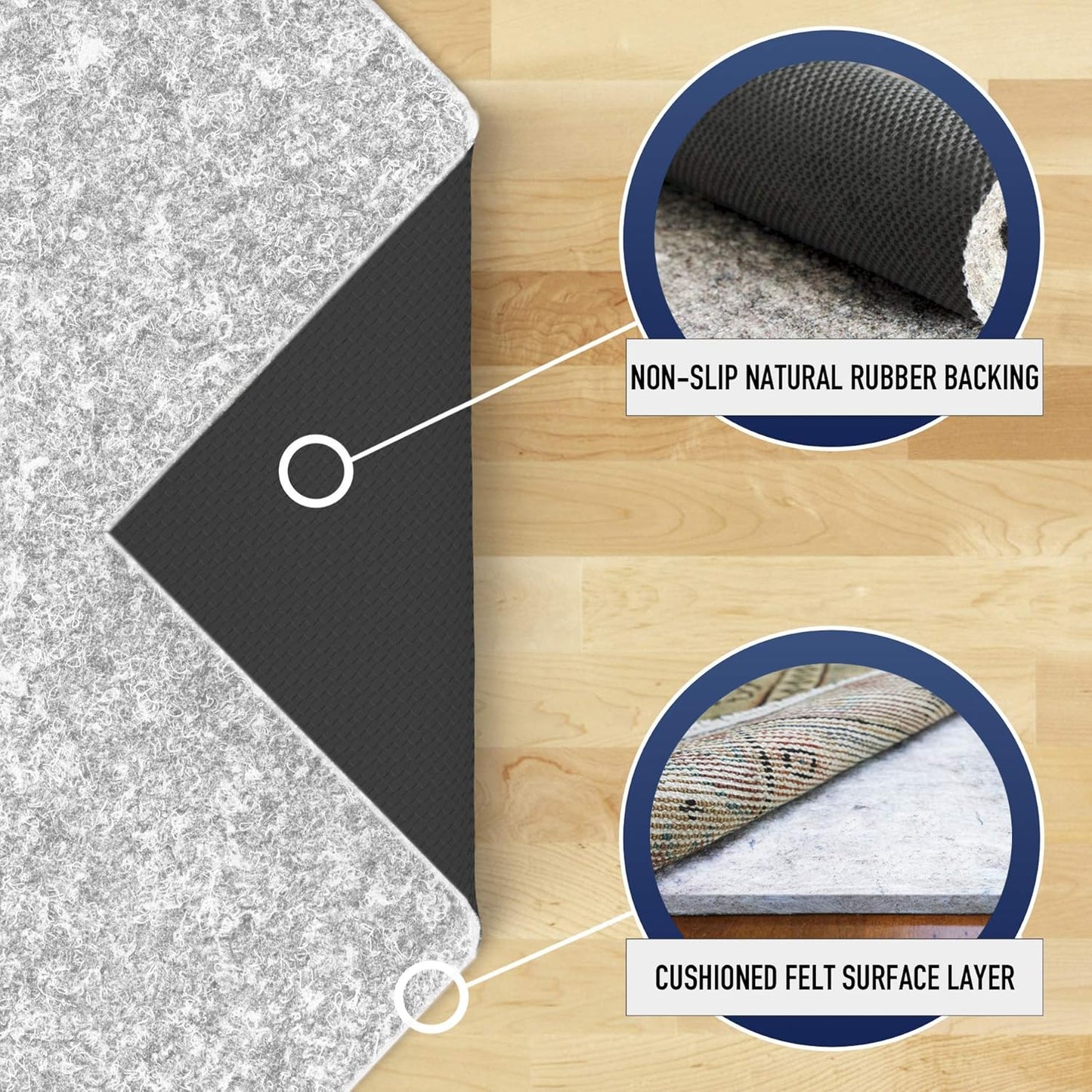 RUGPADUSA - Dual Surface - 9'x13' - 1/4" Thick - Felt + Rubber - Non-Slip Backing Rug Pad - Safe for All Floors
