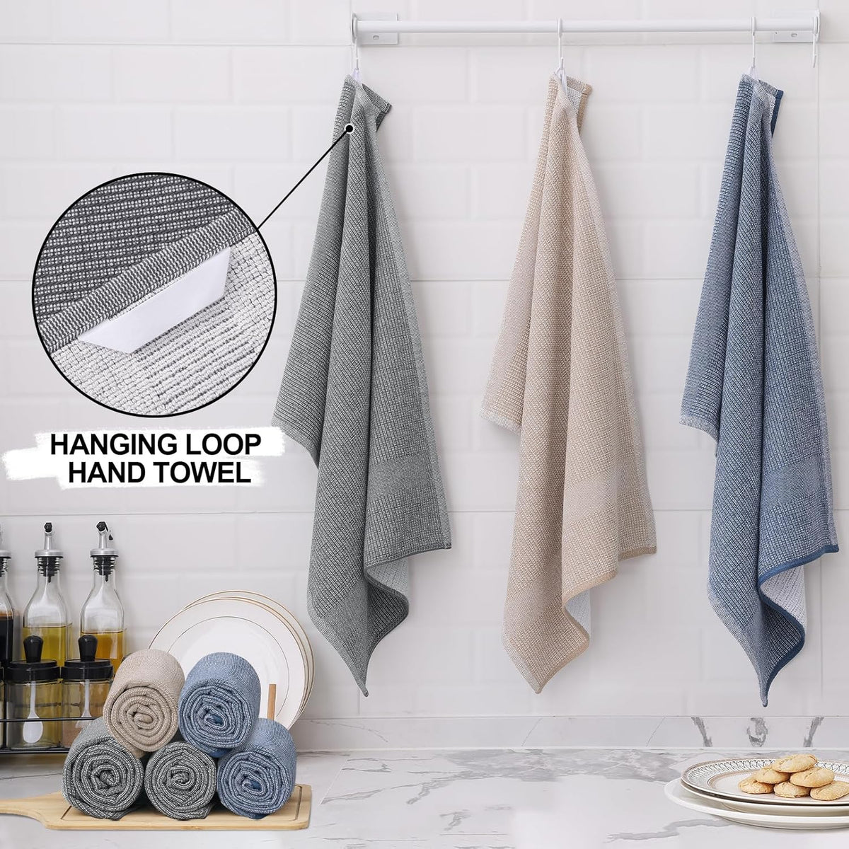 Homaxy Premium Kitchen Towels(18”x 28”, 8 Pack), Large Cotton Kitchen Hand Towels, Flat and Terry Dish Towels, 380 GSM Highly Absorbent Tea Towel Set with Hanging Loop, Mixed Color