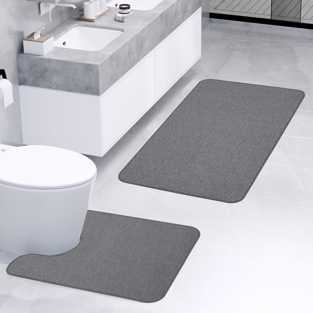 Bathroom Rugs Set 2 Pieces,Thin Bathroom Mats,Toilet Rugs,Quick Dry,Non-Slip,Machine Washable,Low Pile,Absorbent Bath Mats,Shower,Sink,Home Decor Accessories.Dark Grey,1'5"x2'3"+1'8"x2" U Shape
