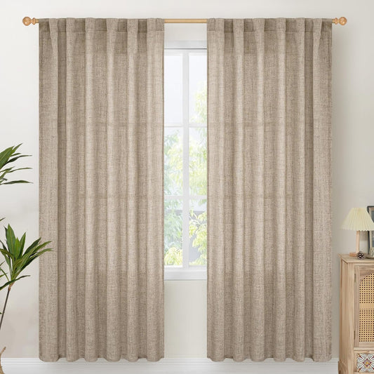 YoungsTex Dark Oatmeal Linen Curtains 78 Inch Length for Living Room, Semi Sheer Window Drapes Light Filtering Rod Pocket Back Tab Curtain for Dining Office Bedroom, 2 Panels, 52 X 78 Inch
