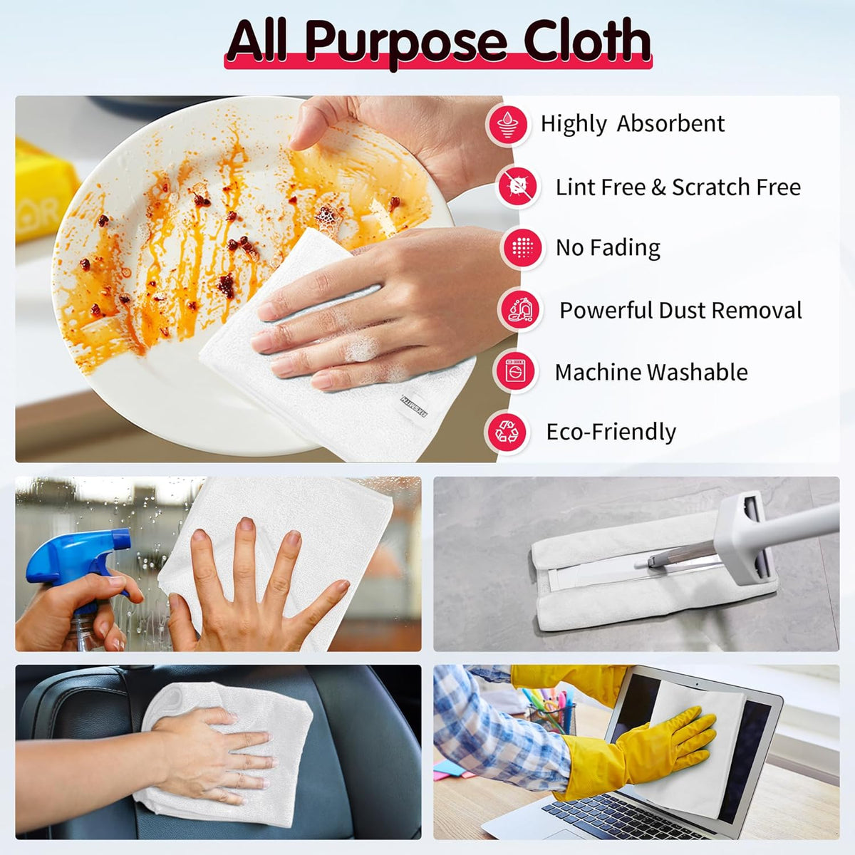 FIXSMITH White Microfiber Cleaning Cloth -Pack of 8, Highly Absorbent Cleaning Rags, 16"X12" All Purpose Cleaning Towels for Housekeeping, Kitchen, Car, Lint Free and Reusable Microfiber Towels