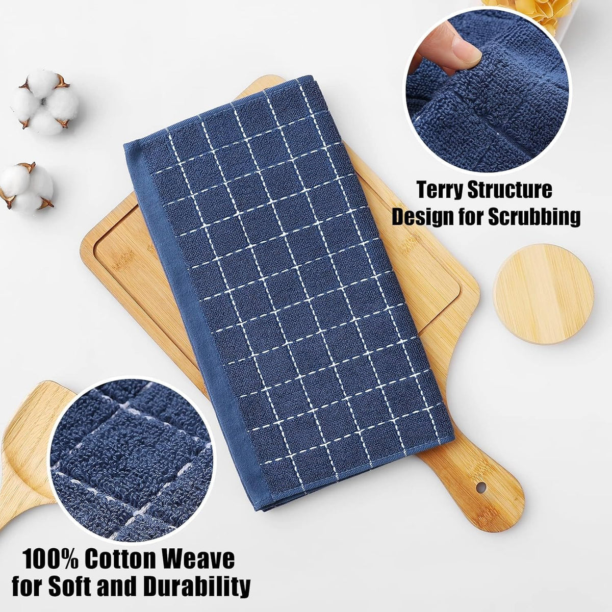 Homaxy 100% Cotton Terry Kitchen Dish Cloths, Ultra Soft and Absorbent Dish Towels for Kitchen, Suitable for Drying and Washing Dishes, 12 Pack, 12 x 12 Inches, Navy Blue