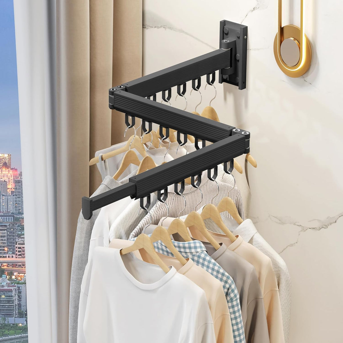 Wall Mounted Clothes Drying Rack, Retractable & Collapsible, Foldable Black-Ring Laundry Hanger