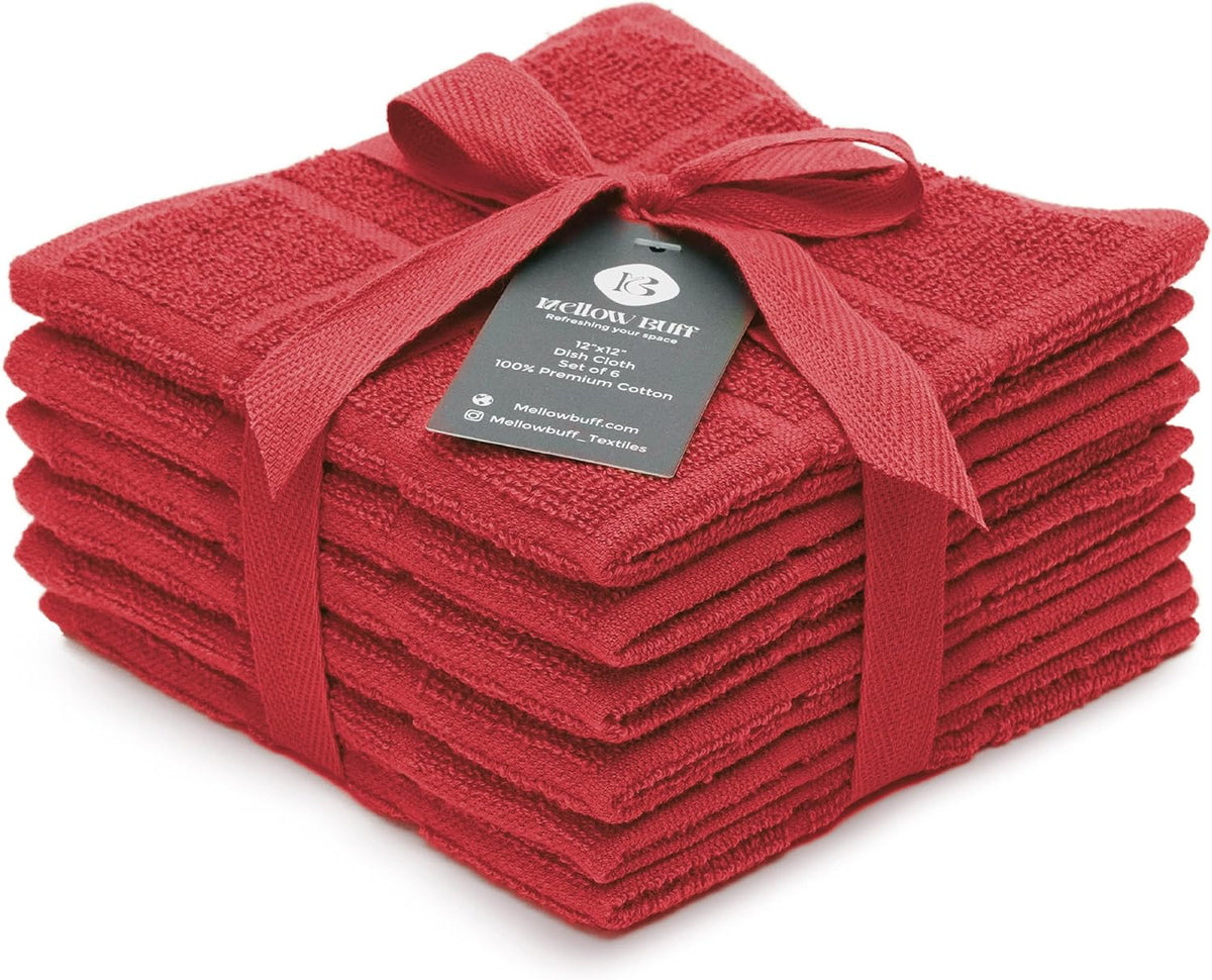 100% Cotton Dish Cloths for Dish Washing, Terry Dish Cloth, Cotton Dish Rags, 6 Pack, Super Soft and Absorbent, 12"x12" inches, Reusable Cleaning Cloth, RED Dish Cloth