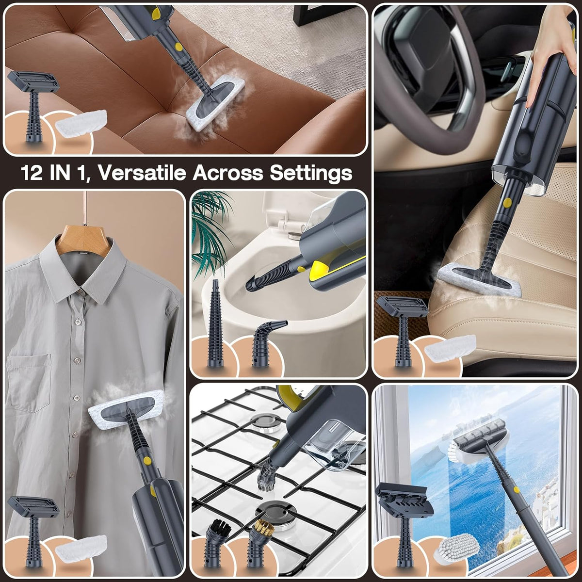 ScrubWiz Steam Mop Cleaner with Detachable Handheld Steamer, 10-in-1 Multi Accessories, Washable Microfiber Pads, 350ml and 2 Adjustable Levels for Cleaning Floor, Carpet, Grill, Tile, and Grout, Gray