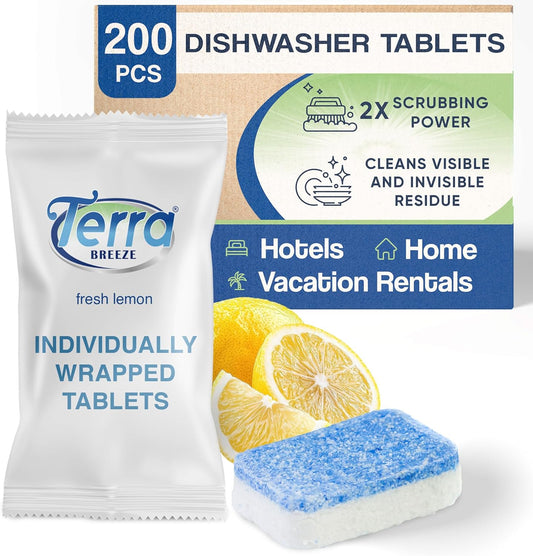 Individually Wrapped Dishwasher Tablets | Dishwasher Detergent | Dish Soap Pods | Fresh Lemon Scent | Deep Clean for Dishes | 200 Count Bulk for Vacation Rentals and Extended Stay Hotels