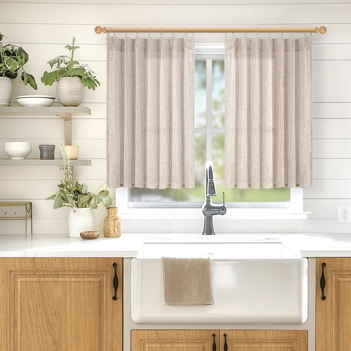 YoungsTex Natural Linen Curtains 40 Inch Length for Kitchen Window, Short Semi Sheer Drapes Light Filtering for Cafe Bathroom Window, 2 Panels, 40 X 40 Inch