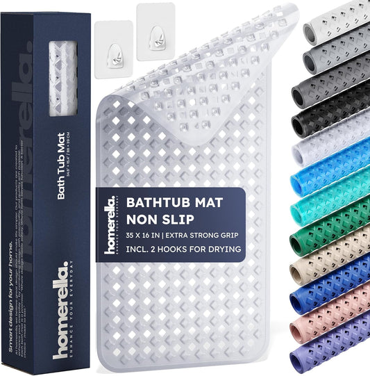 homerella® Bathtub Mat Non Slip 35x16, Incl. Hooks for Drying, Extra Long, 100% BPA Free, Shower Mat Non Slip Anti Mold, Machine Washable, Shower Mats for Inside Shower Mildew Resistant