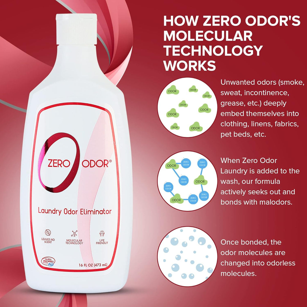 Zero Odor – Laundry Odor Eliminator - Permanently Eliminate laundry Odor – Patented Molecular Technology Best For Clothes, Towels & Linens, Shoes, Bags, Etc. - rinse and refresh Again, 16oz (3-Pack)