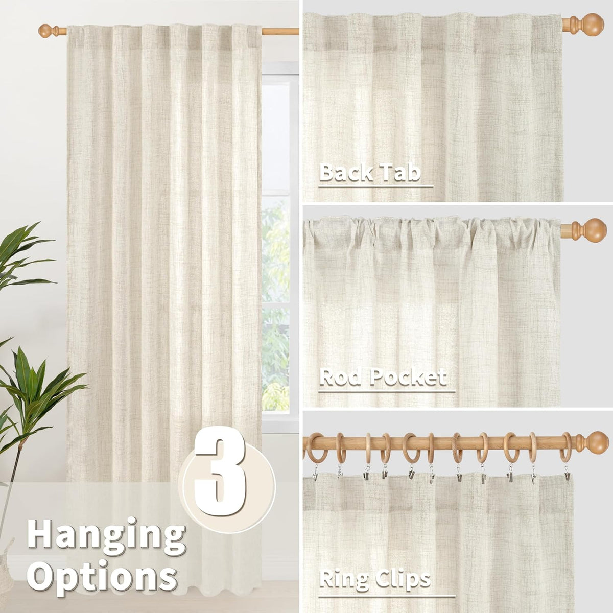 YoungsTex Linen Curtains 72 Inch Length for Living Room - Light Filtering Window Drapes with Back Tab Rod Pocket for Bedroom Office Dining Country Privacy, 42 X 72 Inch, 2 Panels