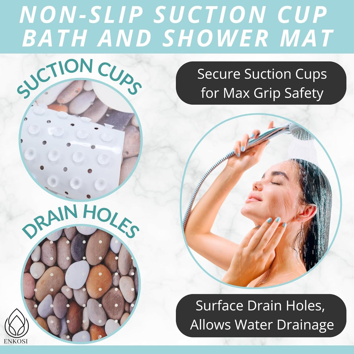 ENKOSI Bath Mat – Large 40 x 16 Inch Non-Slip Bathtub Mat with Suction Cups & Drain Holes – Extra Long Bathroom Shower Mat for Tub with Pebble Design (40x16 Pebble Stone)