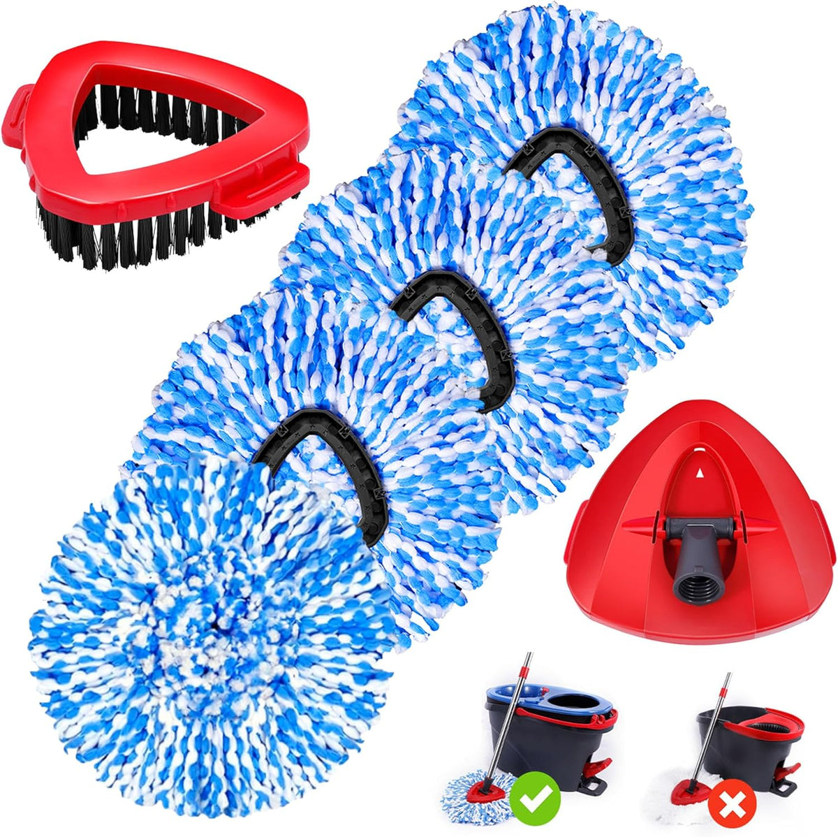 4 Pack Spin Mop Replacements Head Compatible for Oceda RinseClean 2-Tank System,Microfiber Spin Mop Refills Head,1 Mop Scrub Brush + 1 Mop Base + 4 Pack Cleaning Floor Mop Head