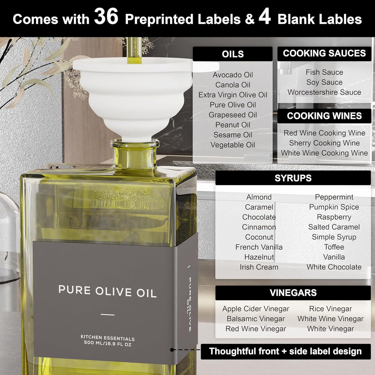 Olive Oil Dispenser for Kitchen, 16.9 oz/ 500 ml Olive Oil Dispenser Bottle, Glass Oil Bottles for Kitchen with 8 Stainless Steel Pourers, 40 Labels, 4 Pcs, Green