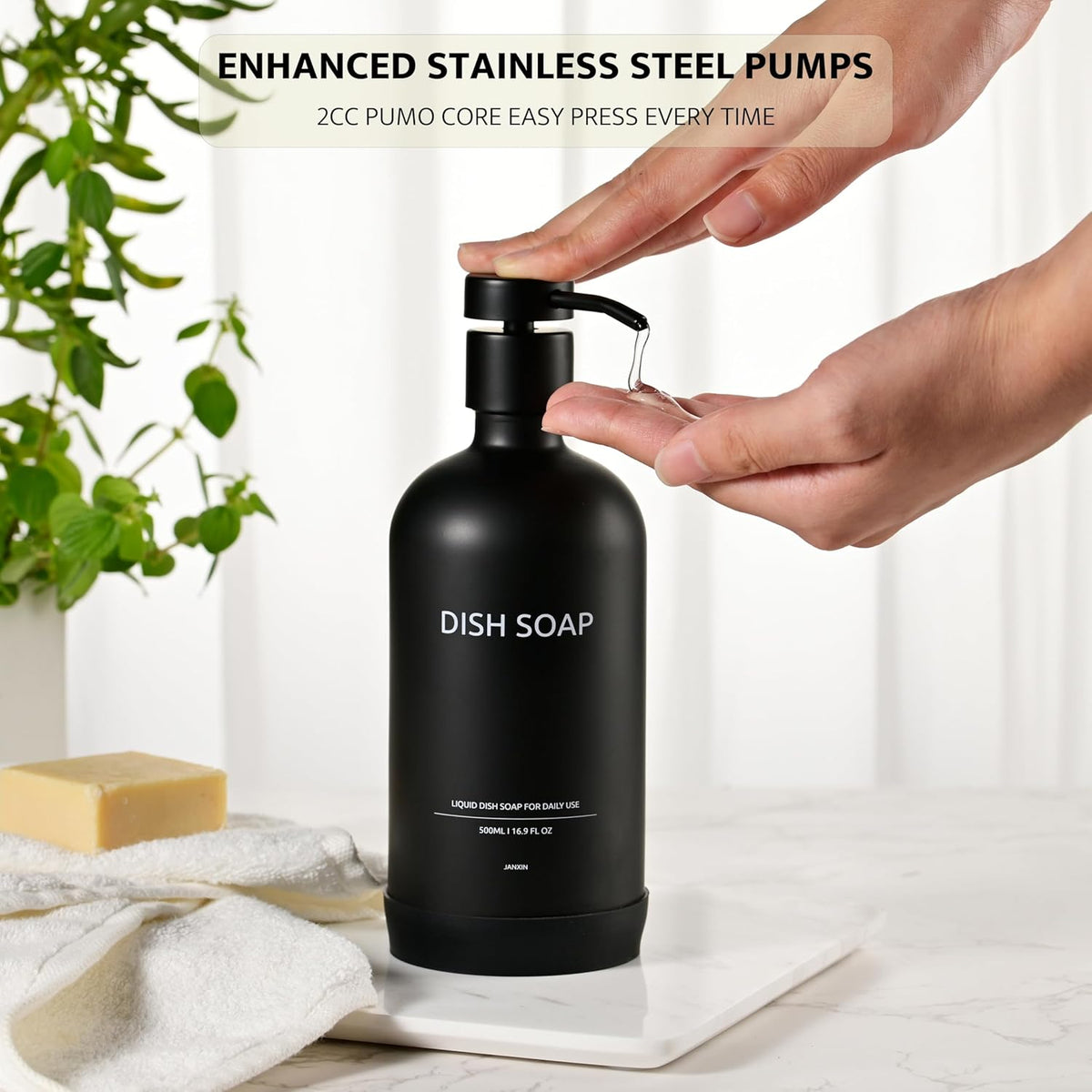 Glass Soap Dispenser Set by Janxin,Bathroom Soap Dispenser Set with Ceramic Tray,Luxury Bathroom Accessories,Modern Kitchen Decor (Black(Dish Soap))
