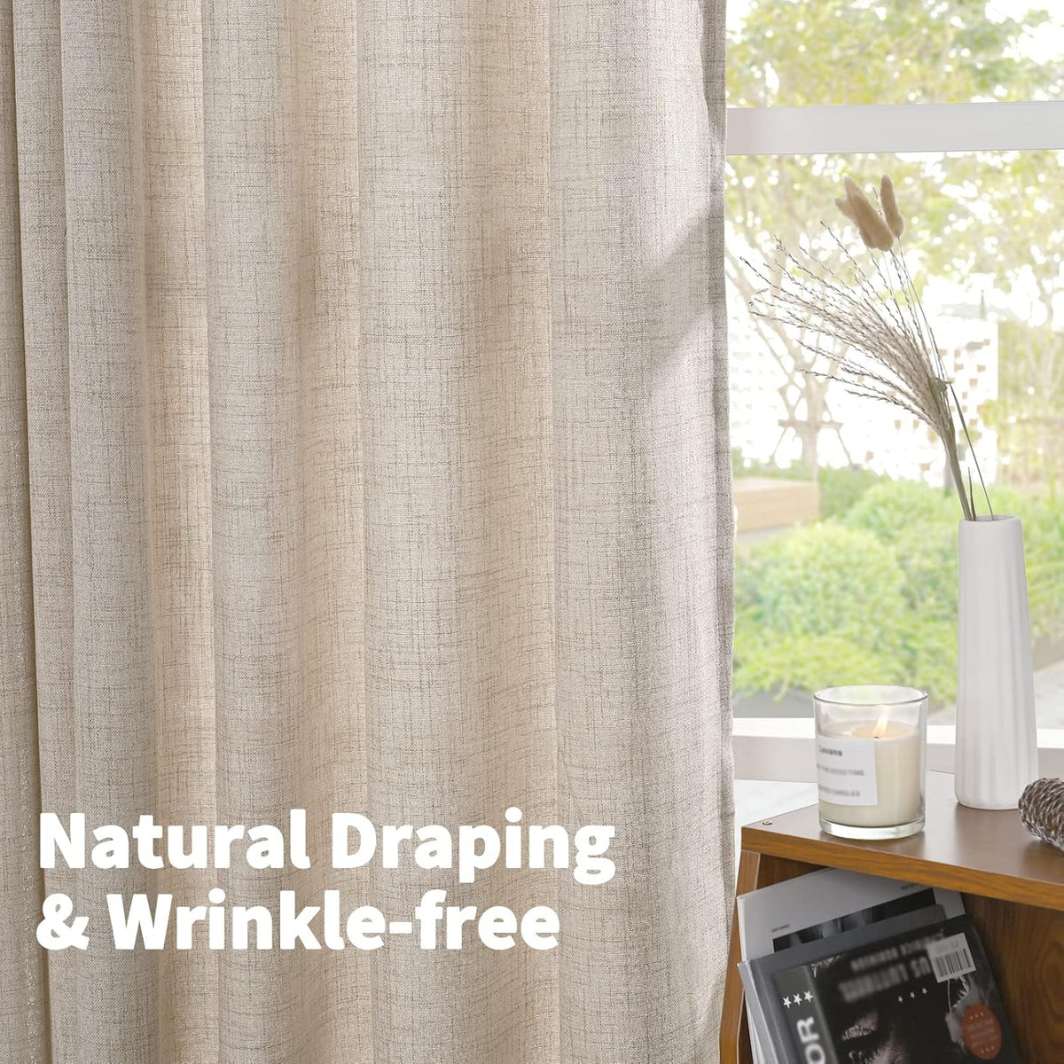YoungsTex Short Linen Curtains 40 Inch Length for Cafe Kitchen Window Over Sink, Semi Sheer Drapes Light Filtering with Rod Pocket Back Tab for Bathroom, 42 X 40 Inch, 2 Panels