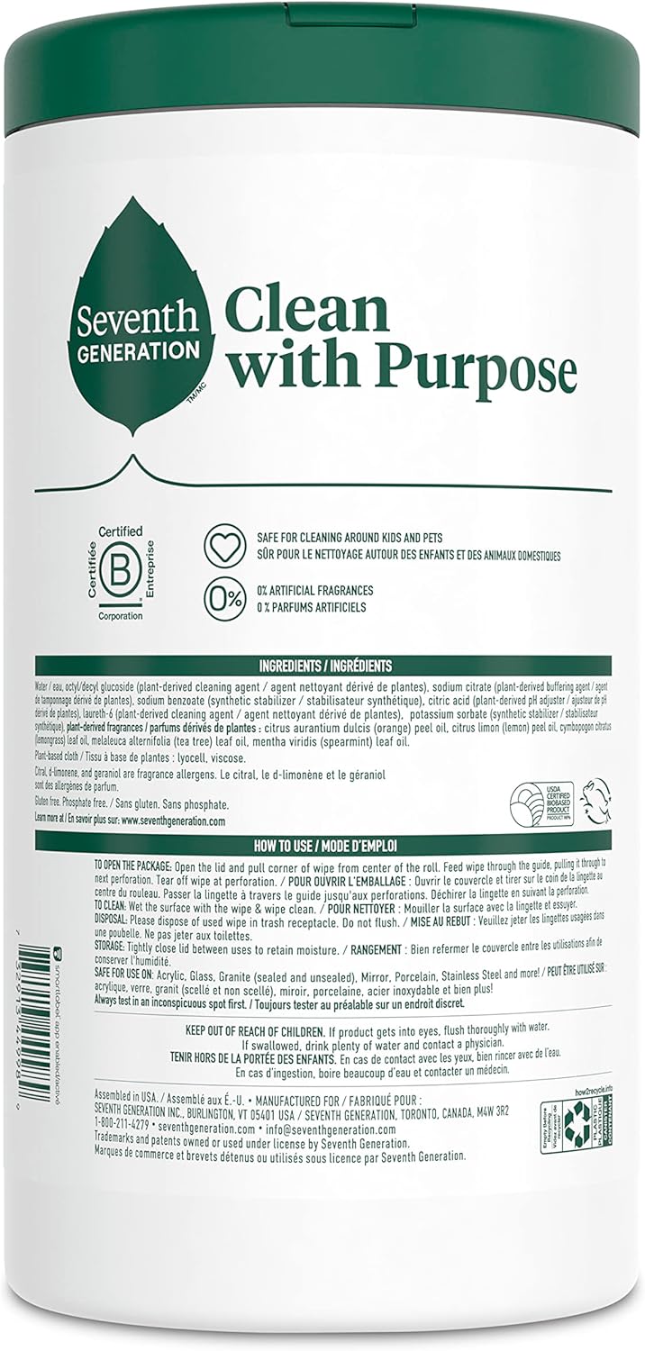 Seventh Generation Multi Surface Wipes All Purpose Cleaning Lemon Zest scent with 100% Essential Oils and Botanical Ingredients 70 count, Pack of 6