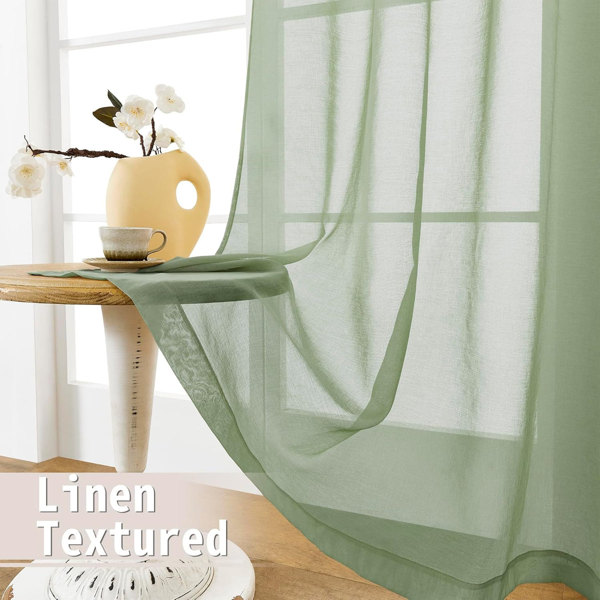 Tollpiz Short Sheer Door Curtains Closet Linen Textured Curtains Sheer Doorway Light Filtering Voile Patio Door Rod Pocket Curtain French Door, 54 x 40 inches Long, Sage Green, Set of 1 Panel