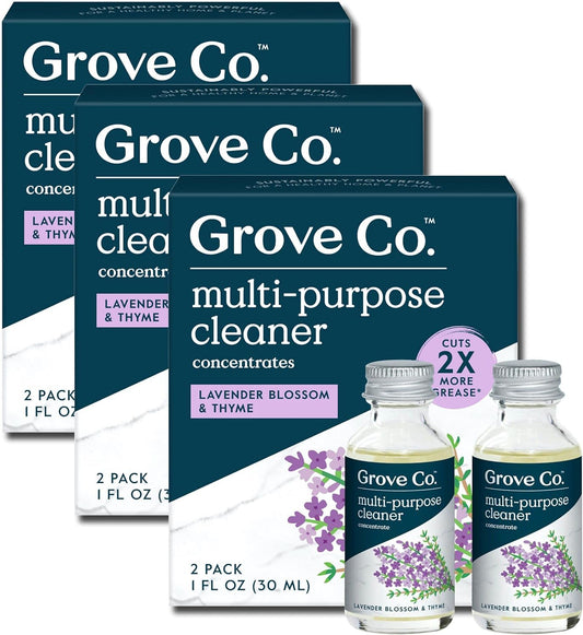 Grove Co. Multi-Purpose Cleaner, Refill Concentrate (6 x 1 Fl Oz) Plant-based Household Cleaning Supplies, Ammonia & Chlorine Free, No Plastic Waste, Lavender Blossom & Thyme, Total 3 x 2 Pack Refills