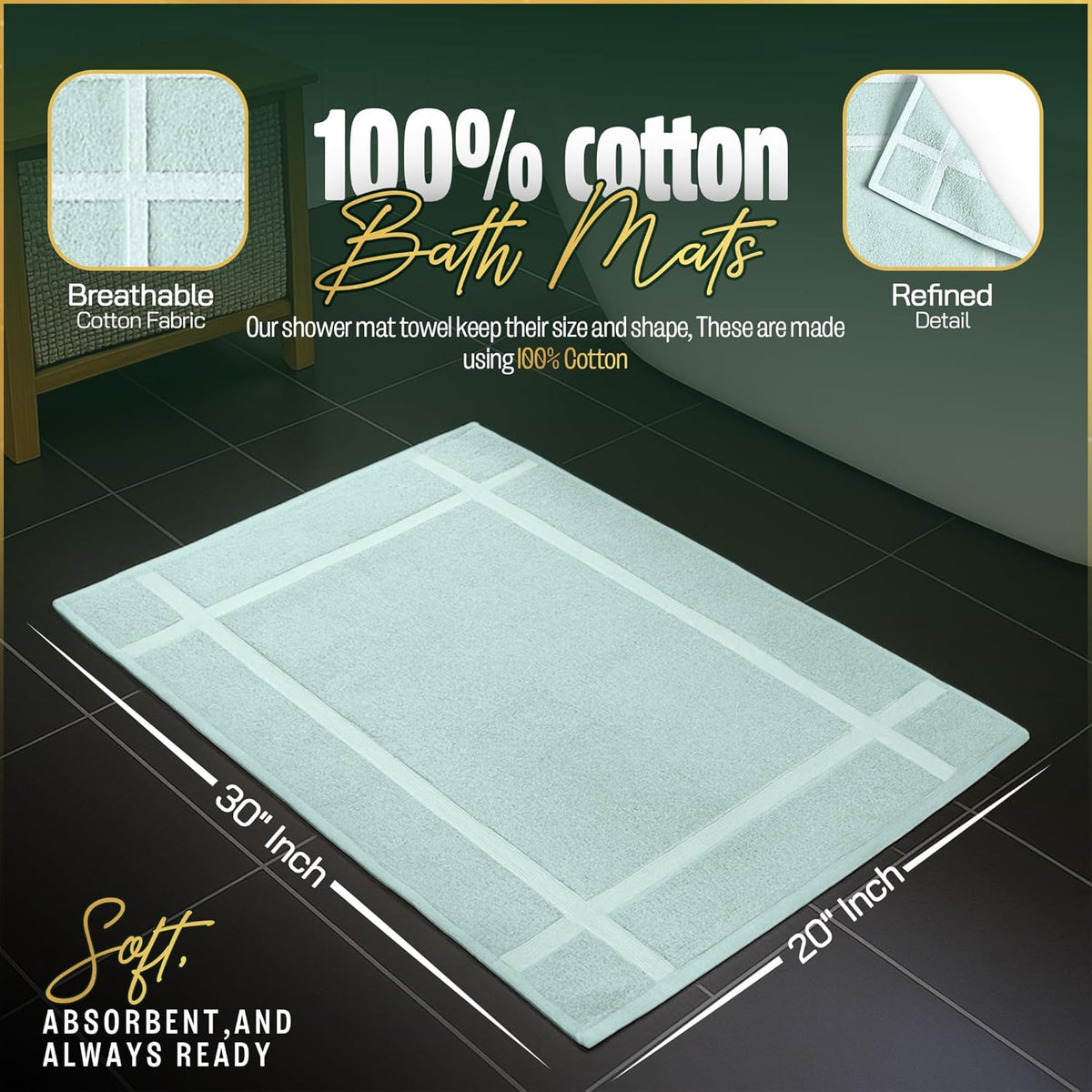 Pearl Linens Pack of 6 100% Cotton Bath Mat 20x30 inches, Soft & Absorbent Quick Dry Bathroom Mat Set, Not Bathroom Rugs, After Shower Mat, Bath Tub Mat, 687 GSM, Machine Washable, Mint Green