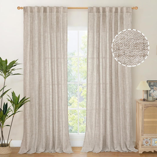 YoungsTex Natural Linen Curtains 90 Inches Long for Living Room Back Tab Textured Light Filtering Window Drapes with Ring Clips for Bedroom Dining Room, 52 X 90 Inch, 2 Panels