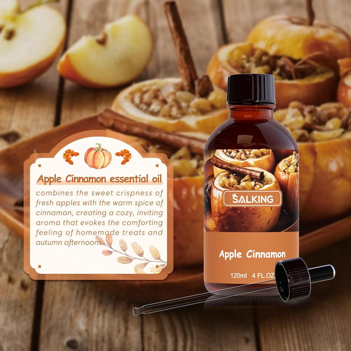 SALKING Apple Cinnamon Fragrance Oil, 120ml (4 Fl Oz) Premium Essential Oils for Diffuser, Candle Scents for Candle Making, Soap Making Supplies, Autumn Diffuser Oil, Halloween Thanksgiving Gift